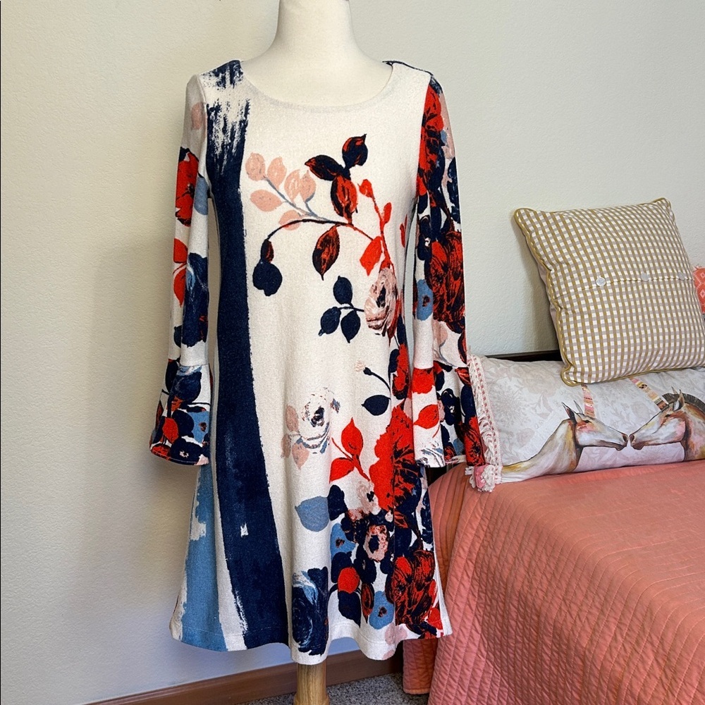 Maeve Anthropologie Bell Sleeve Floral Anthousai swing shift sweater dress sz XS - Picture 15 of 16